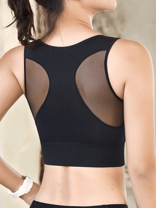 Quick-drying elastic sports bra with mesh back for women's training, showcasing stylish design and moisture-wicking fabric, model wears black.